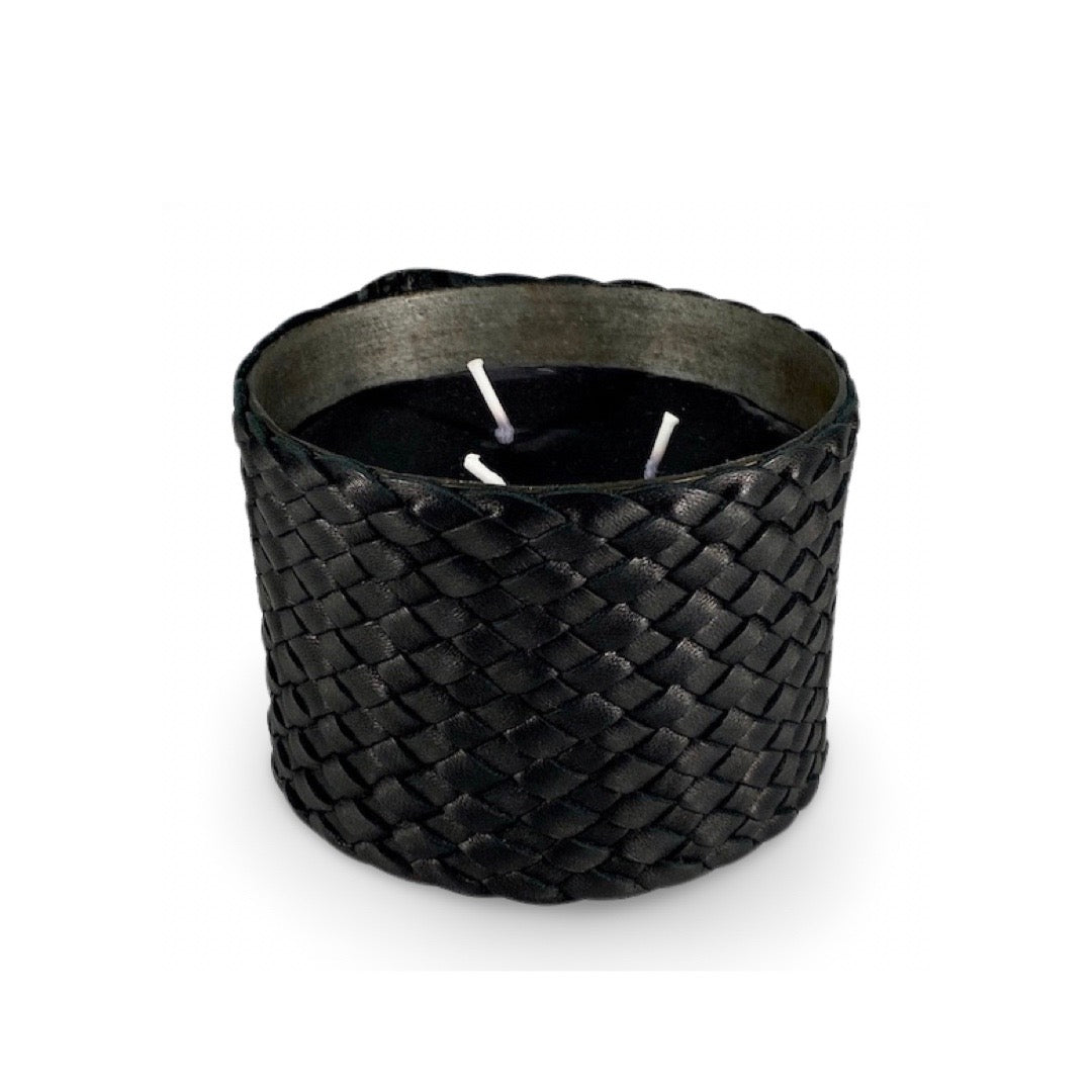 Classic Candle Pot with Black Leather Sleeve, 100% Beeswax, refillable, Made by LABEL17