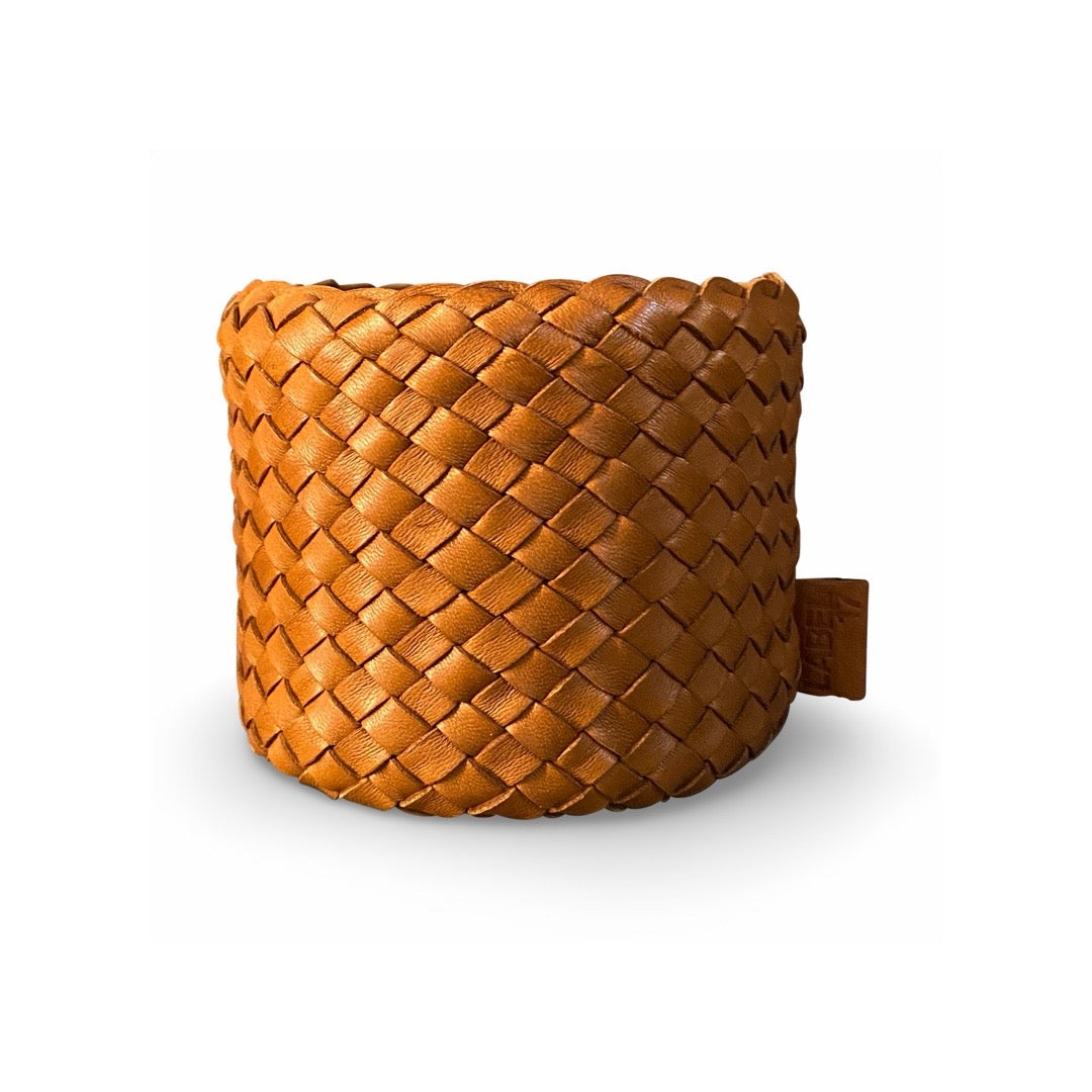 Classic Candle Pot with Cognac Leather Sleeve, 100% Beeswax, refillable, Made by LABEL17