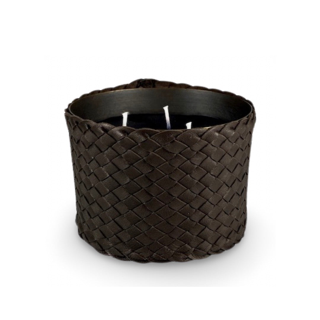 Classic Candle Pot with Darkbrown Leather Sleeve, 100% Beeswax, refillable, Made by LABEL17