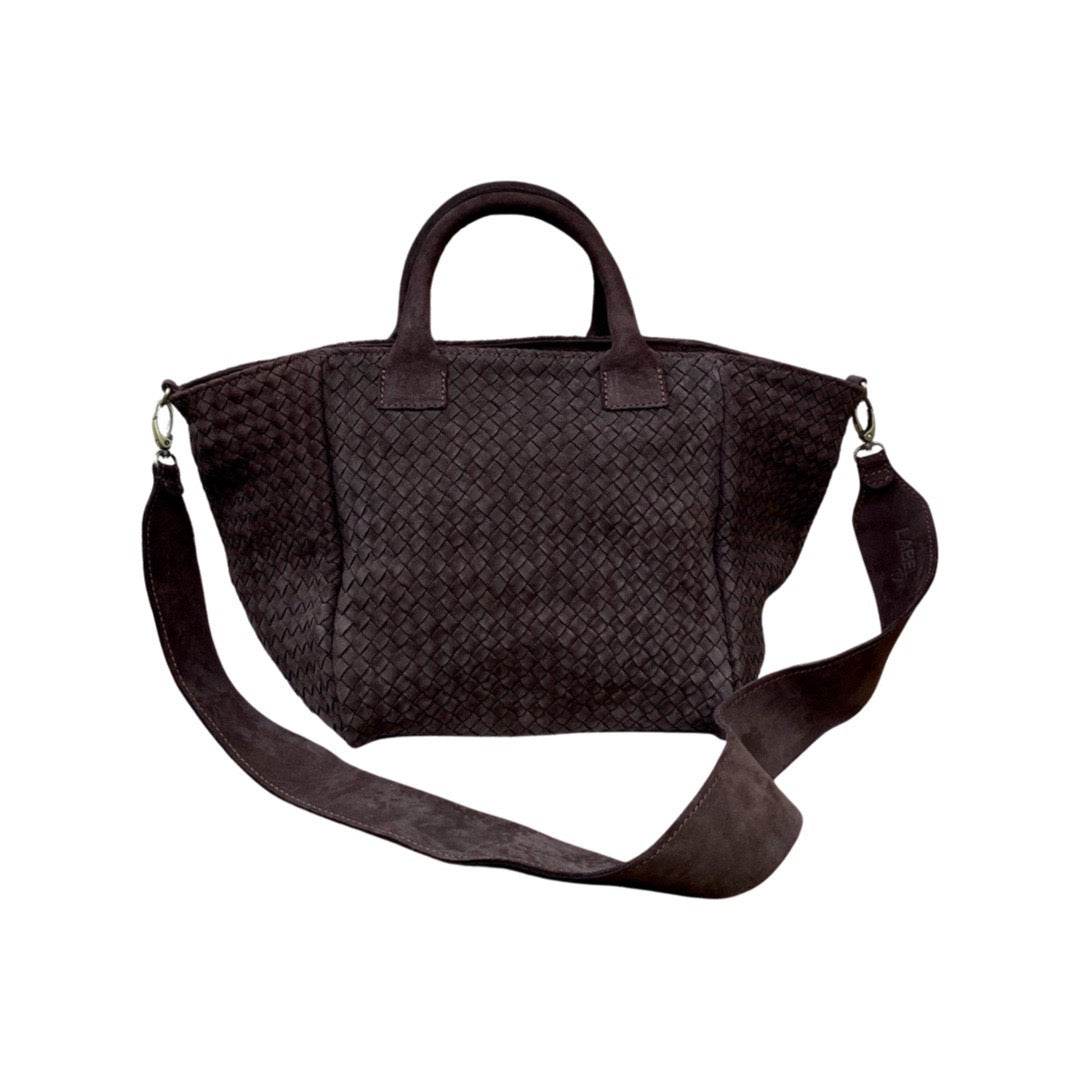 LABEL17 Handbag Tresse Medium Majestic aus geschmeidigem, pflanzlich gegerbtem Lamm-Nappaleder, von Hand geflochten, Mocca Suede