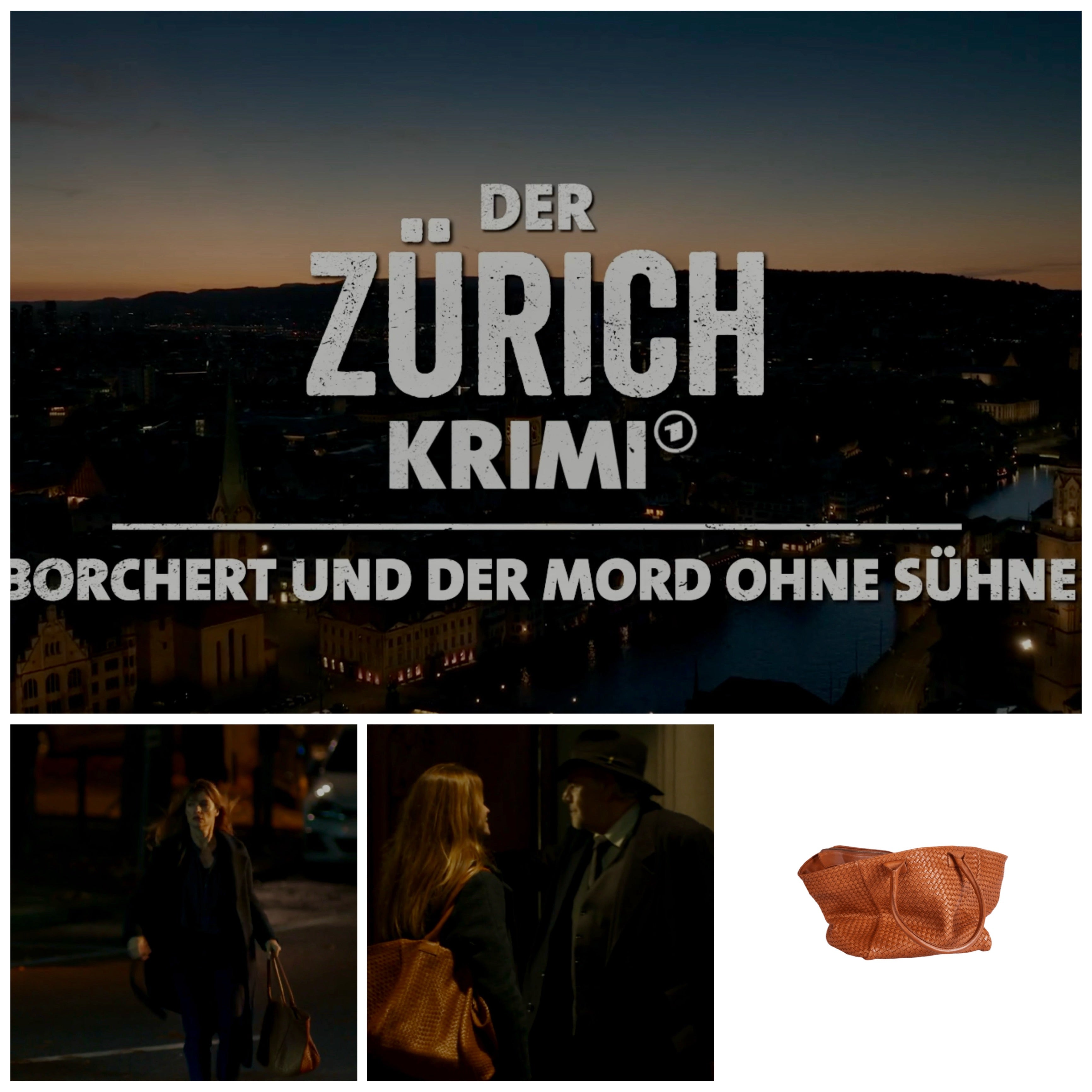 The Shoulder Bag ORIGINAL by LABEL17 is a timeless piece, crafted from fine, vegetable-tanned nappa leather and hand-braided. It features a zipper closure and a convenient interior pocket for your essentials. Der Zürich-Krimi 'Borchert und der Mord ohne Sühne' mit Shoulder Bag Tresse in Cognac von LABEL17., getragen von Hauptdarstellerin Ina Paule Klink
