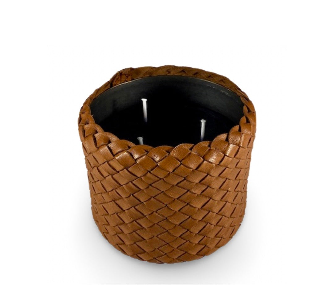 Classic Candle Pot with Cognac Leather Sleeve, 100% Beeswax, refillable, Made by LABEL17