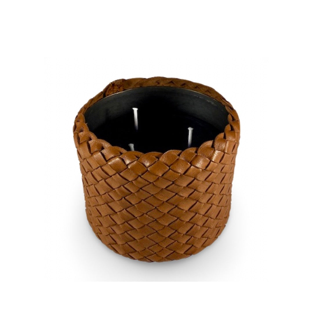 Classic Candle Pot with Cognac Leather Sleeve, 100% Beeswax, refillable, Made by LABEL17