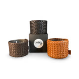 Classic Candle Pot with Black, Cognac and Darkbrown Leather Sleeve, 100% Beeswax, refillable, Made by LABEL17
