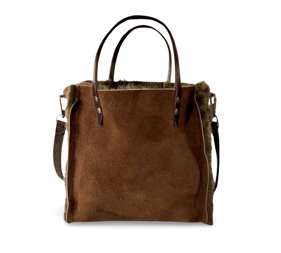 Crossbody Bag Shearling Reversible Mini by LABEL17 in Moss Brown, Made in Switzerland