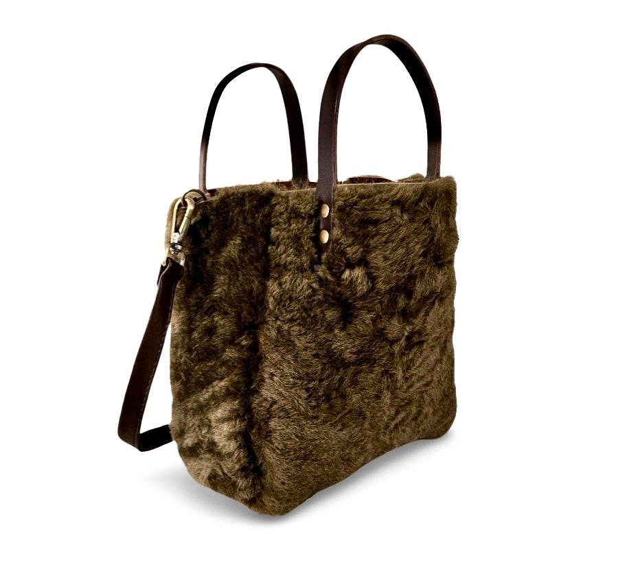 Crossbody Bag Shearling Reversible Mini by LABEL17 in Moss Brown, Made in Switzerland