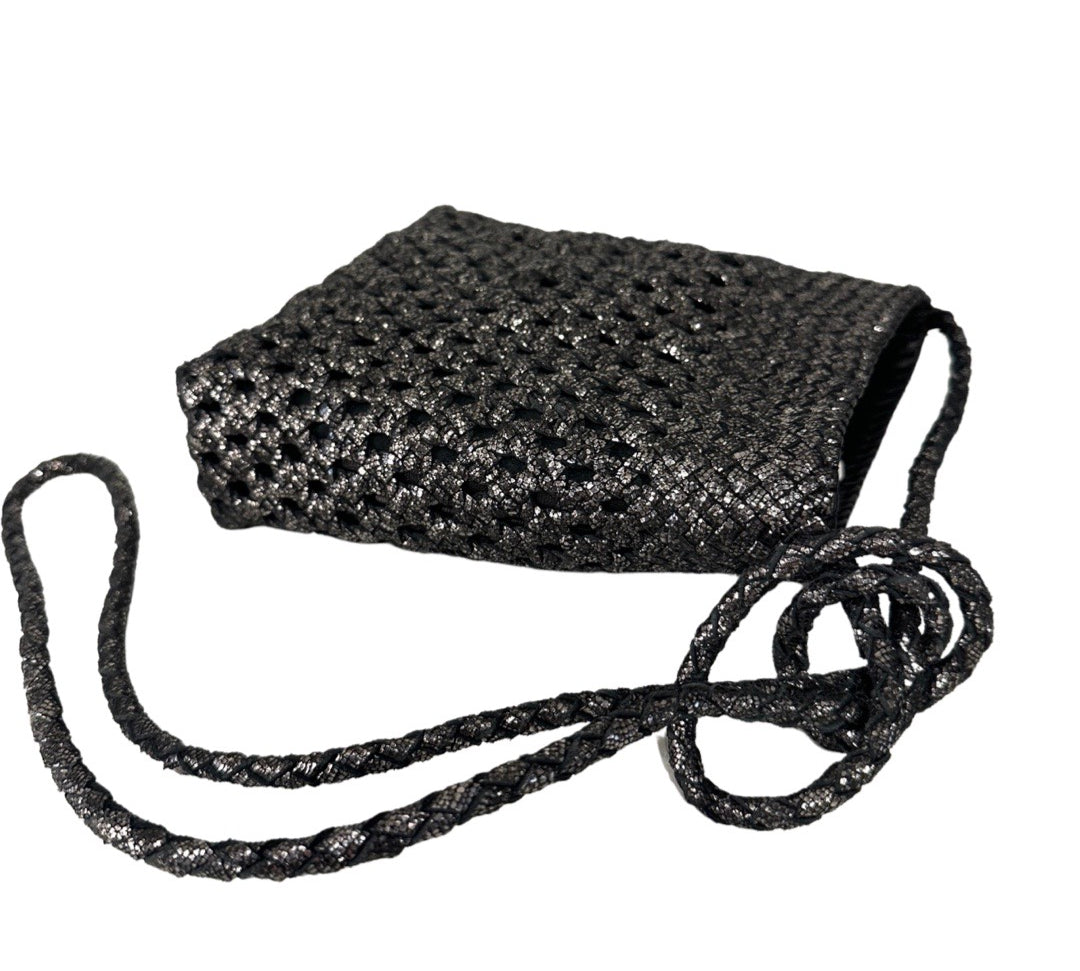 LABEL17 presents Crossbody Bag Lalla Party, Black Glitter, made of supple Lamb-Nappaleather, hand-braided