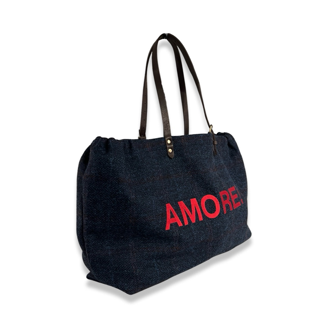 LABEL17 presents the Shoulder Bag Large in Harris Tweed, Blue, stitched with AMORE