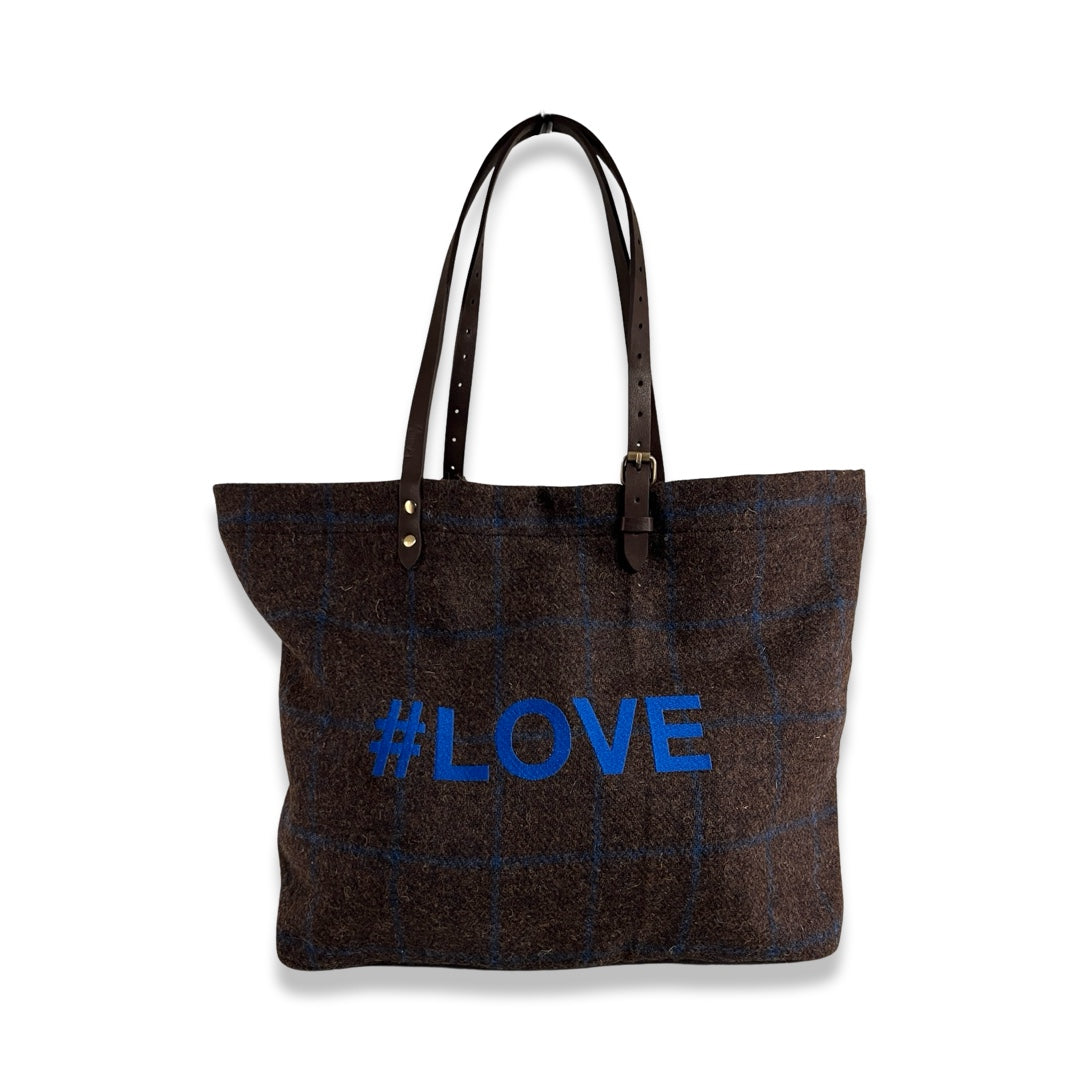 LABEL17 presents the Shoulder Bag in Harris Tweed, Brown, stitched with '#LOVE'