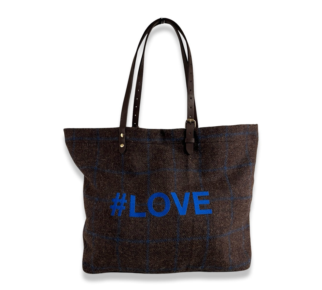 LABEL17 presents the Shoulder Bag in Harris Tweed, Brown, stitched with '#LOVE'