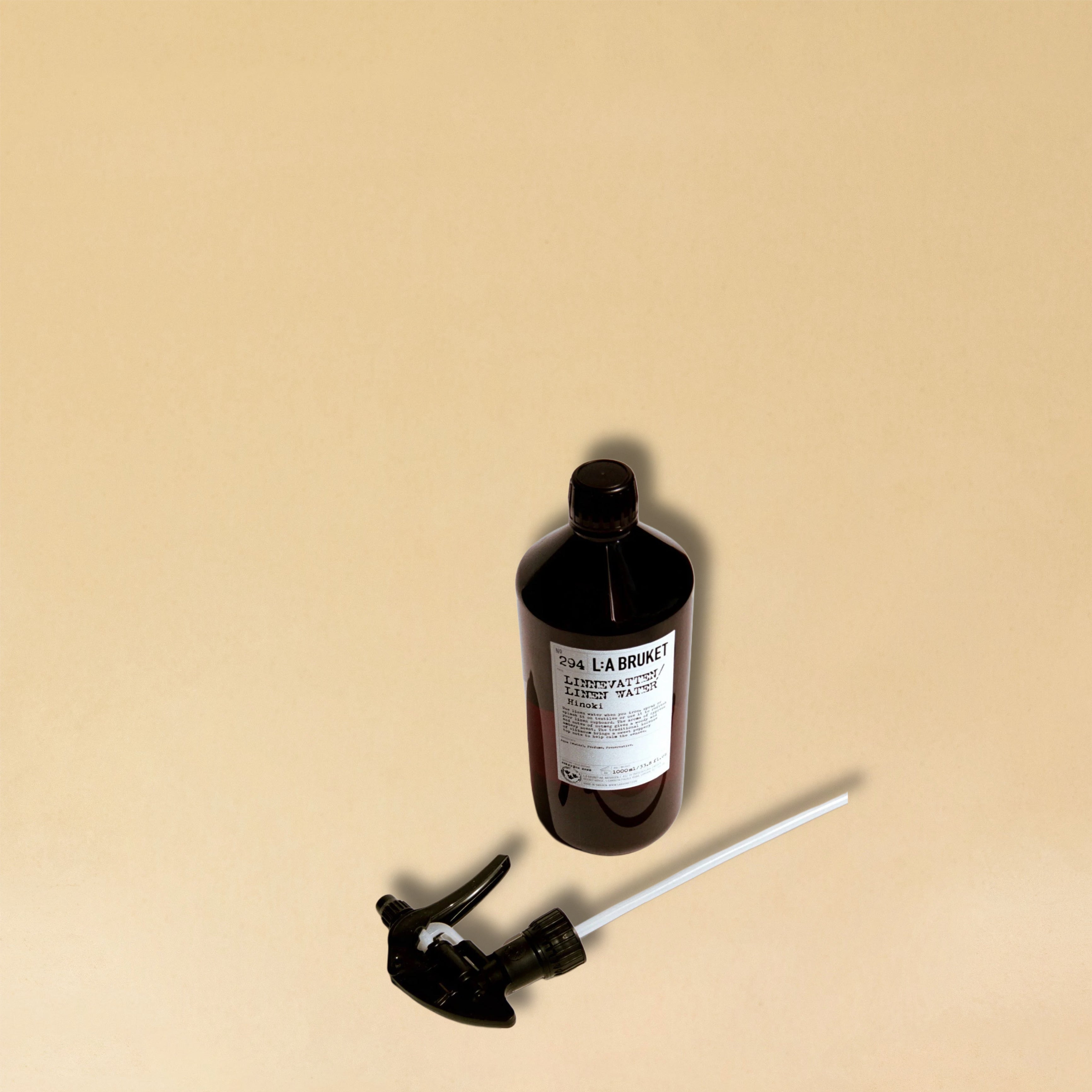 LA BRUKET's 294 Hinoki Linen Water in a 1000 ml PET Bottle with pump. Produced in Sweden, available and in use at LABEL17 in Zurich Switzerland