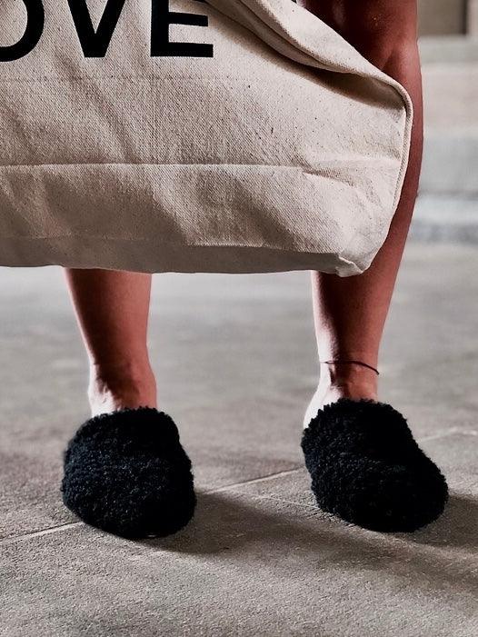 Babouche Shearling in Black by LABEL17, Comfortable Slipper handmade out of supper lambskin
